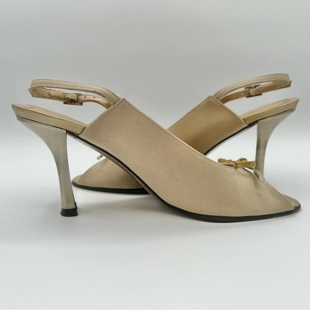 STUART WEITZMAN GOLD PUMP HEELS OPEN TOE SANDALS SLING BACK ADJUSTABLE STRAP 7M - Picture 5 of 14